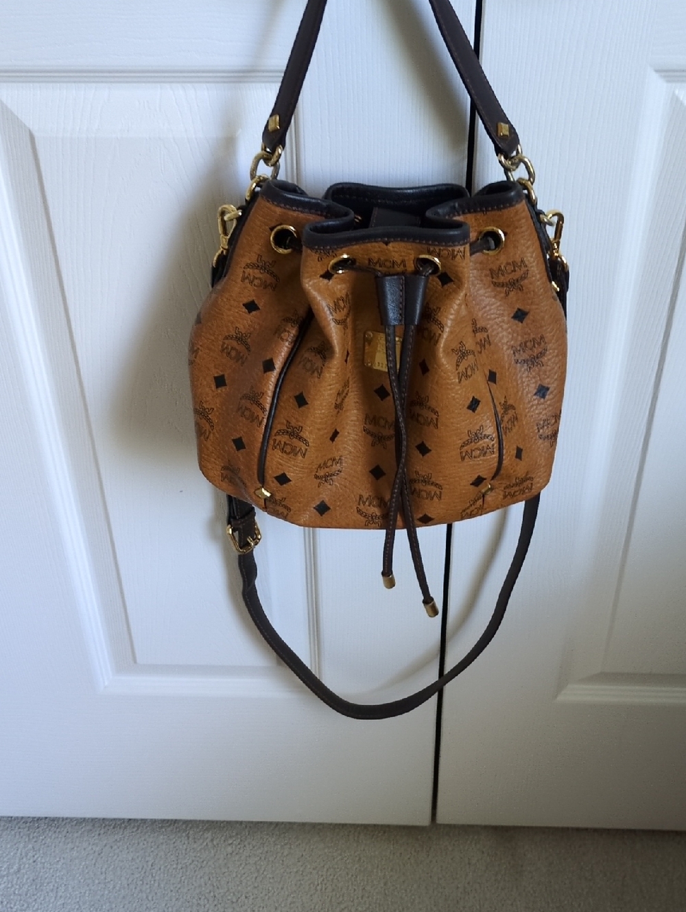 MCM Cognac Visetos Monogram Drawstring Bucket Bag